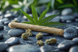 A rolled up joint with a leaf of marijuana on top of it. The joint is on a rock with some marijuana on the ground photo