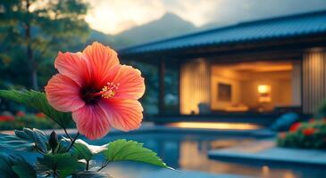 A beautiful red flower is placed in front of a house with a pool. Concept of tranquility and calmness, as the flower stands out against the backdrop of the house and pool photo