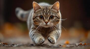 A cat is running on the ground with its paws outstretched. The cat is looking at the camera with a curious expression. Concept of playfulness and energy, as the cat is in motion photo