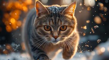 A cat is running through the snow with its eyes wide open. The image has a sense of motion and energy, as the cat appears to be in the middle of a chase or play. The snow adds a sense of depth photo