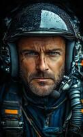 A man in a black helmet with a microphone on his head photo