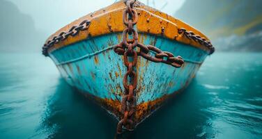 A boat with chains on it is floating in the water. The boat is old and rusty, and the chains are rusted as well. The water is calm and blue, and the boat is the only thing visible in the scene photo