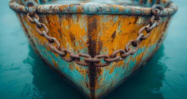 A rusty boat with a chain hanging from it. The chain is rusted and the boat is old photo