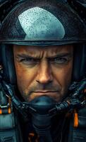 A man in a black helmet and suit is staring at the camera with a serious expression on his face. The helmet is black and has a reflective surface photo