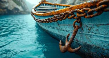 A boat with a chain attached to it is floating in the water. The chain is rusty and the boat is old. The water is calm and the sky is cloudy photo