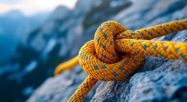 A yellow and blue rope is tied in a knot on a rock. The rope is thick and sturdy, and the knot is tight and secure. The rope is tied in a way that it looks like a knot, but it is actually a loop photo