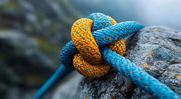 A blue and orange rope is tied into a knot on a rock. The knot is a unique and interesting design, and the rope is tied in a way that makes it look like a piece of art photo