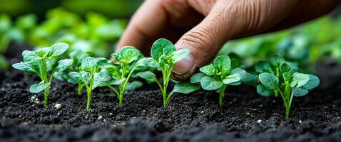 A hand is touching a row of young plants in the dirt. The plants are small and green, and they are growing in a row. Concept of growth and nurturing photo