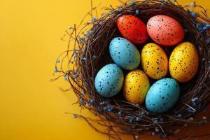 A nest of eggs with a yellow and blue egg in the middle. The eggs are speckled with black and white photo