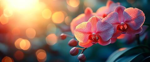 A close up of two pink orchids with a blurry background. The flowers are the main focus of the image, and the background is intentionally blurred to draw attention to the flowers photo