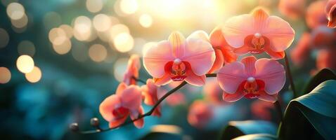 A bouquet of pink flowers with a blue background. The flowers are in full bloom and the sunlight is shining on them, creating a warm and inviting atmosphere photo