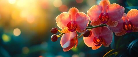 A beautiful bouquet of pink and orange flowers with a blue background. The flowers are in full bloom and the sunlight is shining on them, creating a warm and inviting atmosphere photo