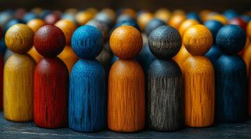 A group of wooden people are lined up in a circle. The people are of different colors and sizes photo
