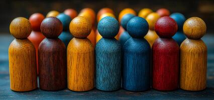 A group of wooden people are lined up in a row. The people are of different colors and sizes. The scene is peaceful and calm, with the people standing still and not moving photo