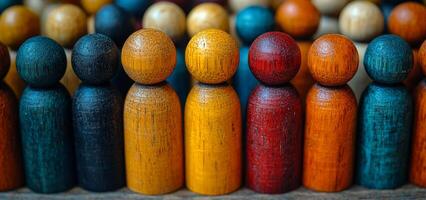 A row of wooden people with different colored heads. The people are lined up in a row, with some of them being taller than others. Concept of unity and diversity, as the people come in various shapes photo