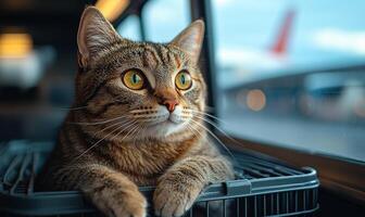 A cat is sitting in a pet carrier with its head peeking out of the window. The cat appears to be curious and interested in its surroundings photo