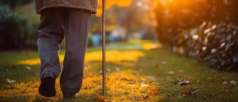 A person is walking in a park with a cane. Concept of independence and determination, as the person is navigating the park on their own. The bright sunlight and the lush green grass create a peaceful photo