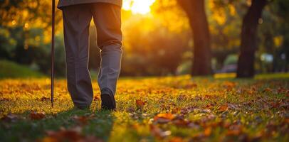 A person is walking in a park with a cane. The sun is setting, casting a warm glow over the scene. The leaves on the ground are yellow, creating a peaceful and serene atmosphere photo