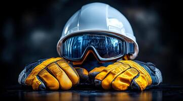 A worker is wearing a white helmet and yellow gloves. The worker is laying down on a table photo