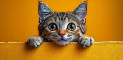 A cat is looking at the camera with its eyes wide open. The cat is standing on a yellow surface and is looking at the camera photo
