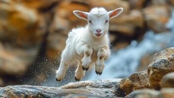 A baby goat is jumping over a rock. Concept of playfulness and freedom, as the young animal leaps into the air with its head held high. The scene captures a moment of joy and energy photo