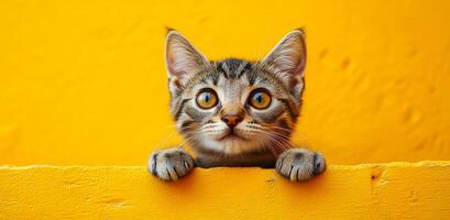 A cat is looking at the camera from behind a yellow wall. The cat is looking at the camera with a curious expression photo