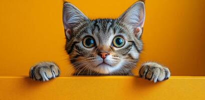 A cat is peeking out from behind a yellow board. The cat has a curious and playful expression on its face photo