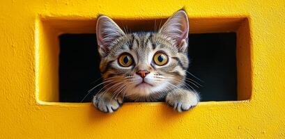 A cat is peeking out of a hole in a yellow wall. The cat is looking at the camera with a curious expression photo