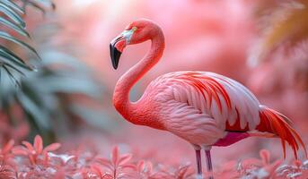 A pink flamingo stands in a pink and green background. The flamingo is the main focus of the image, and the pink and green colors create a vibrant and lively atmosphere photo