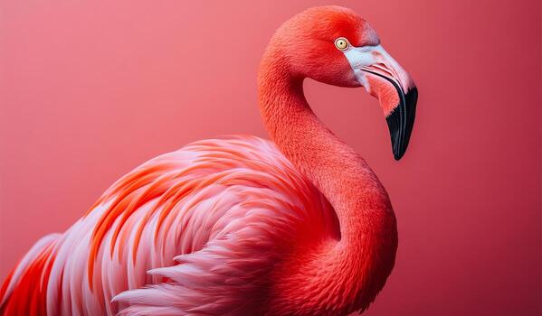 A flamingo stands on a pink background. The flamingo is the main focus of the image, and it is looking directly at the camera. The pink background creates a warm and inviting atmosphere photo