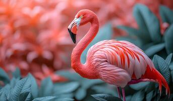 A pink flamingo stands in a lush green field. The flamingo is the main focus of the image, and the surrounding foliage adds a sense of tranquility and natural beauty to the scene photo