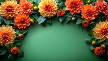 A green background with a bunch of orange flowers. The flowers are arranged in a way that they look like they are in a vase photo