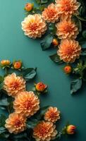 A close up of a bunch of orange flowers with green leaves. The flowers are arranged in a way that they look like they are growing out of the leaves. Scene is one of natural beauty and serenity photo
