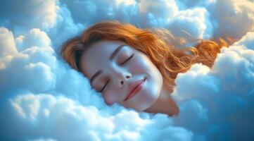 A woman is sleeping in a cloud. She is smiling and she is very relaxed. Concept of peace and tranquility photo