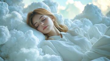 A woman is sleeping in a bed of clouds. The clouds are white and fluffy, and the woman is surrounded by them. The scene is peaceful and dreamy, with the woman's face resting on a pillow photo