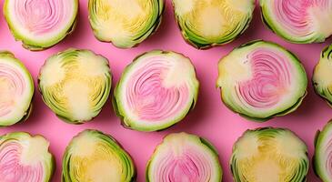 A row of green and pink cabbage leaves are arranged in a pattern. The pink leaves are in the middle of the row, with the green leaves surrounding them. The arrangement creates a visually appealing photo