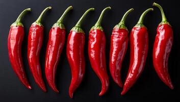 A row of red peppers are lined up on a black background. The peppers are all different sizes and are arranged in a straight line photo