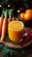 A glass of carrot juice is on a wooden table with a bunch of carrots and oranges. The scene is warm and inviting, with the bright orange juice and the fresh vegetables creating a sense of health photo