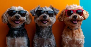 Scene is happy and playful. The dogs are posing for a photo, and their sunglasses add a fun and quirky element to the scene photo