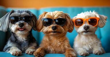 Three dogs wearing sunglasses are sitting on a blue couch. The dogs are wearing different colored sunglasses, with one pair being orange and the other two being black. The scene is playful photo