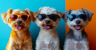 Three dogs wearing sunglasses and smiling. The dogs are wearing different colored sunglasses, with one wearing yellow, one wearing blue, and one wearing orange. The scene is bright and cheerful photo