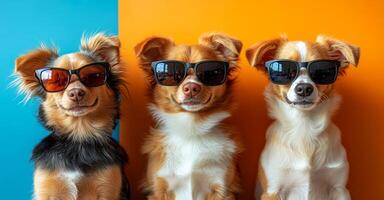 Three dogs wearing sunglasses and smiling. The dogs are posing for a photo, and their sunglasses add a fun and quirky element to the scene photo