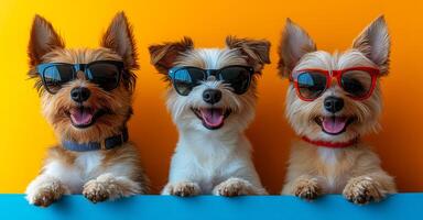 Three dogs wearing sunglasses and red glasses are smiling and posing for a picture. The image conveys a fun and playful mood, as the dogs are dressed up in sunglasses and glasses photo