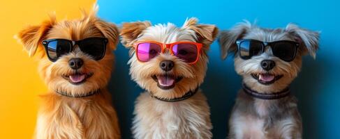 The dogs are posing for a photo, and their sunglasses add a fun and quirky element to the scene photo