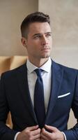 A man in a suit and tie looking at the camera photo