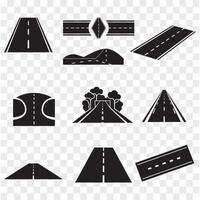 A series of black and white icons depicting essential road symbols and signs for transportation and navigation purposes vector