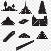 A set of monochrome road icons illustrating different traffic signs and road features for visual reference vector