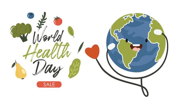World Health Day Illustration, April 7th items, Cards, Template, Earth and fruits, vegetables