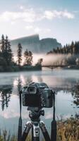 A camera on a tripod in front of a lake photo
