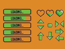 heart shape and loading icon elements pixel art vector
